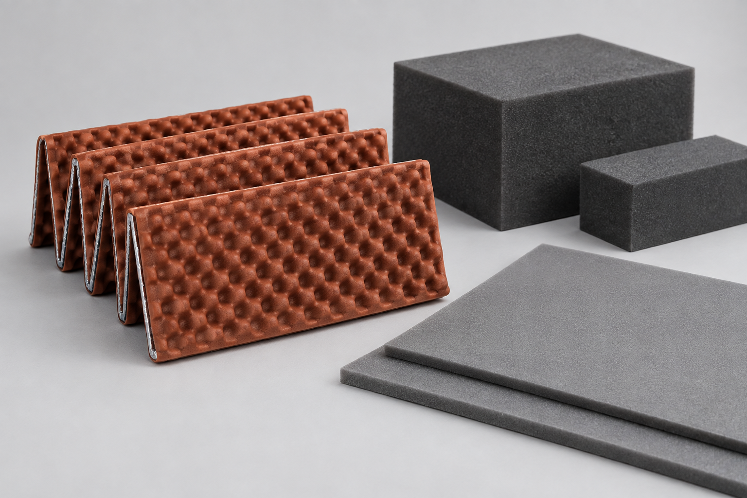 Illustrative folding foam pad beside foam sheets and blocks